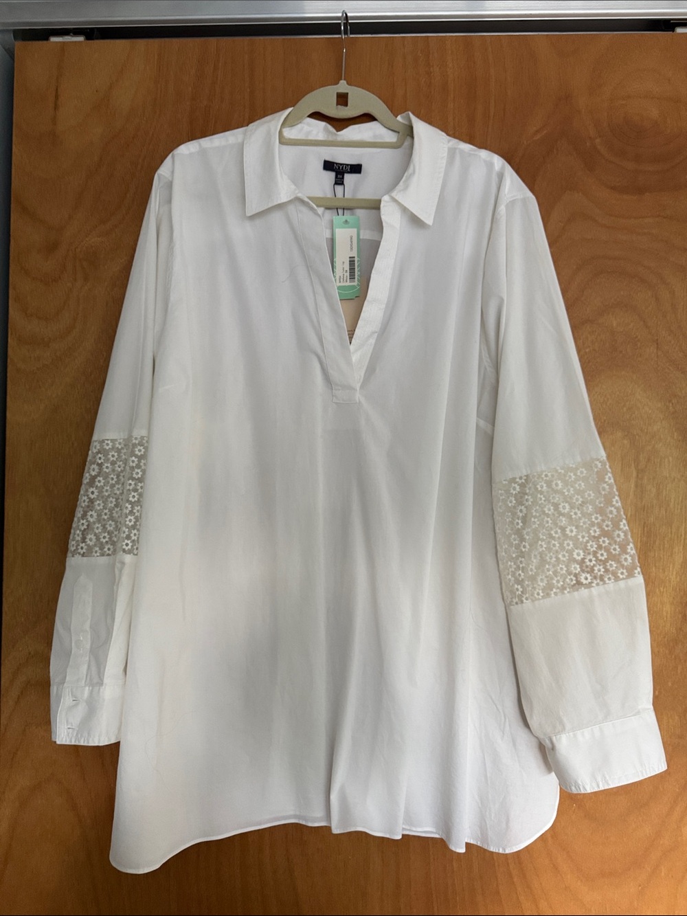 NYDJ White Popover Tunic with Lace Sleeve Panels
